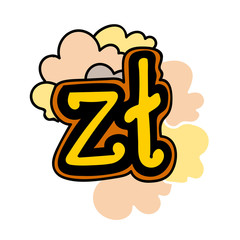 Hand drawn bright doodle with clouds Zloty, currency of Poland. Money cash vector illustration isolated on white