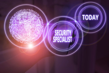 Text sign showing Security Specialist. Business photo text specializes in the security of showing assets or systems Elements of this image furnished by NASA