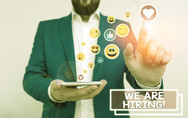 Writing note showing We Are Hiring. Business concept for recently you employ someone or pay someone...