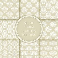 Compilation of floral patterns. White design with flowers on olive green background