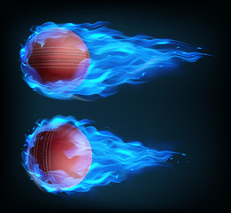 Flying cricket ball in blue fire isolated on black background. Vector realistic stitched leather ball in plasma flame with sparks. Template for poster, banner for the match of sport tournament - obrazy, fototapety, plakaty