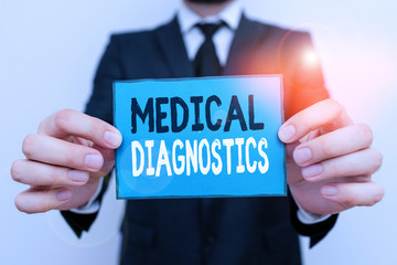 Writing note showing Medical Diagnostics. Business concept for a symptom or characteristic of value in diagnosis Male human wear formal work suit with office look hold book