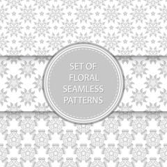 Gray and white floral seamless patterns. Compilation of designs with flowers