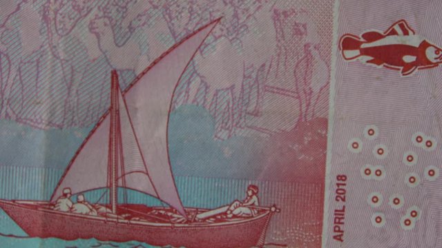 Sailing boat Feluke on the Nile, with a fisherman and a herd of camels on shore, reverse of the 50 pound banknote of Sudan