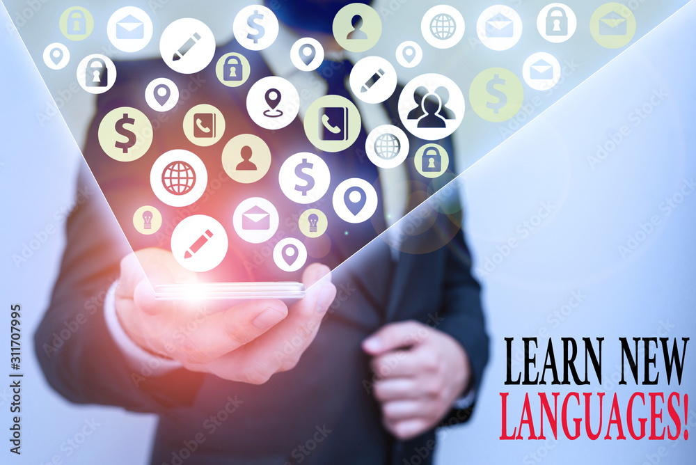 Poster writing note showing learn new languages. business concept for developing ability to communicate in 