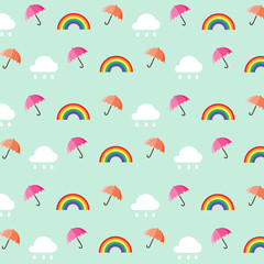 Rainy season pattern.Rainbow ,Clouds and water droplets with orange and pink umbrella isolated on blue background.Vector.Illustration.