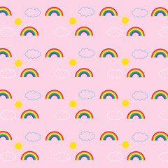 Summer season pattern.Rainbow ,Clouds and Sun isolated on pink background 