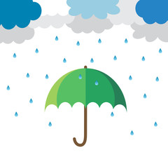 Cartoon cute cloud and water droplets with green umbrella (Parasol) isolated on white background in heavy rainy day.Monsoon season.Weather forecast.Vector.Illustration.