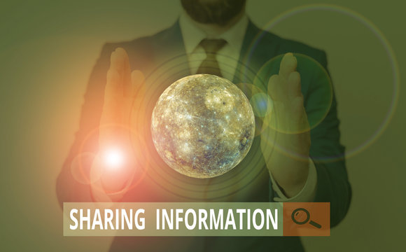 Text sign showing Sharing Information. Business photo showcasing exchange of data between various organizations Elements of this image furnished by NASA