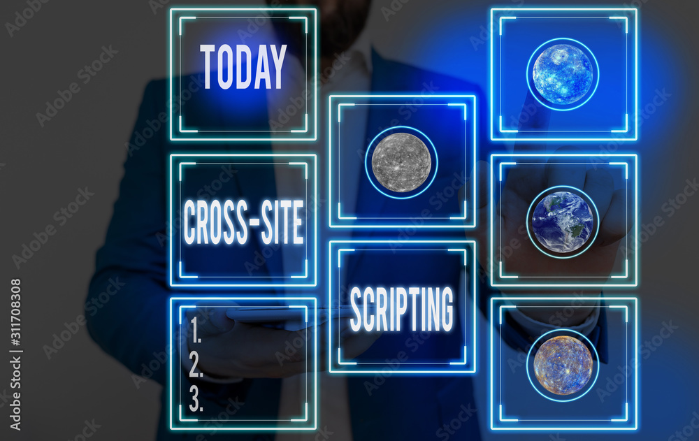 Poster Handwriting text writing Cross Site Scripting. Conceptual photo Security vulnerability mainly found in web application Elements of this image furnished by NASA