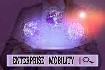 Writing note showing Enterprise Mobility. Business concept for Employees do jobs remotely using a mobile devices Elements of this image furnished by NASA