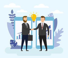 Opening of a new startup, Business Partners Handshaking Through Smartphone Screens. Idea with chart concept. Flat style. Vector illustration