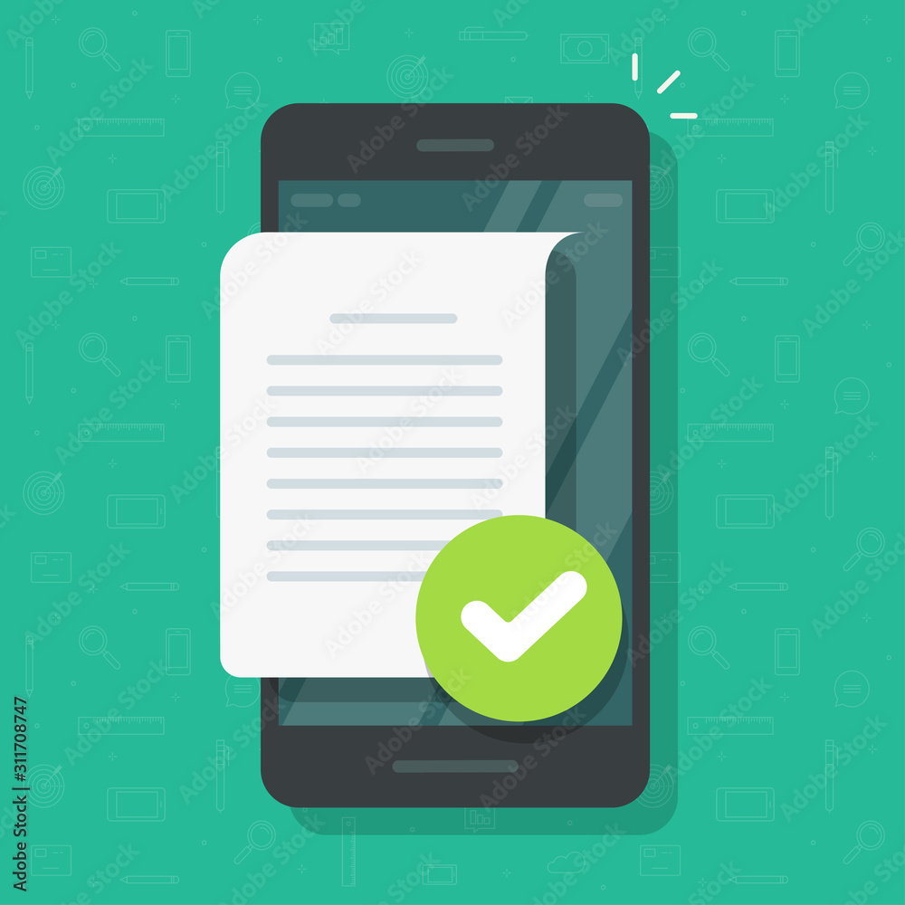 Poster document file page with checkmark notice on mobile phone or text file note confirmed with tick on ce