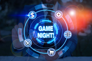 Conceptual hand writing showing Game Night. Concept meaning usually its called on adult play dates like poker with friends