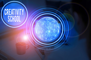 Text sign showing Creativity School. Business photo showcasing students are able to use imagination and critical thinking Elements of this image furnished by NASA