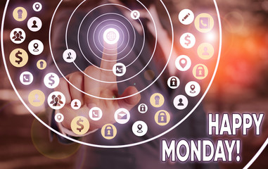 Obraz premium Word writing text Happy Monday. Business photo showcasing telling that demonstrating order to wish him great new week