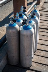 Fototapeta premium Diving oxygen tank placed on the bride for under the sea of ​​diving on the island of Semporna.