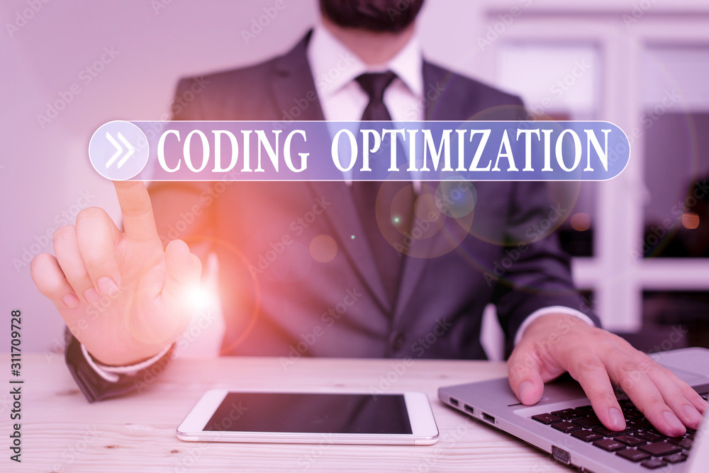 Poster writing note showing coding optimization. business concept for method of code modification to improv