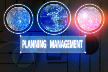 Writing note showing Planning Management. Business concept for act or process of making or carrying...