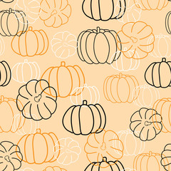 Seamless pattern outline pumpkin in orange, black and white colors