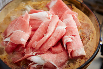 Pork in Korean kimchi and seafood hot pot 