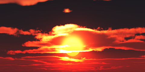 Fototapeta premium Big sun sky at beautiful sunset, 3d illustration