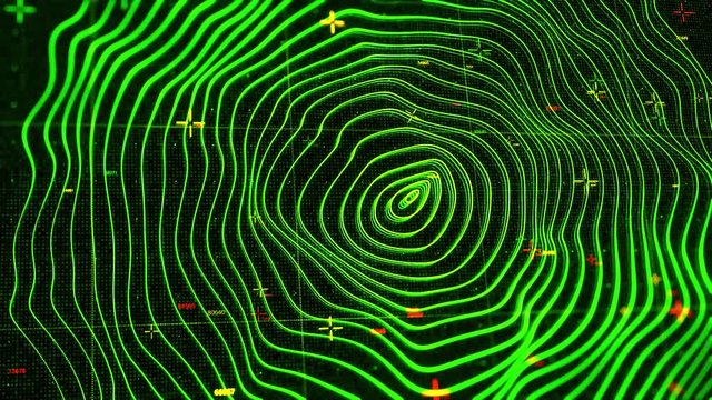Concentric green rings moving on the black screen background. Animation. Abstract radar or sonar program, wavy neon texture, seamless loop.