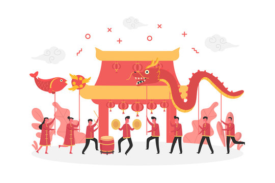 Concept Of Chinese New Year Celebration With Tiny People Character Celebrate And Dragon Dance, Flat Vector Illustration For Web, Landing Page, Ui, Banner, Editorial, Mobile App And Flyer