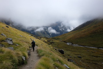 Hiking in mountainous range of Himalaya