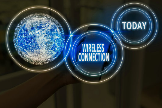Text sign showing Wireless Connection. Business photo text there is no physical wired connection between networks Elements of this image furnished by NASA