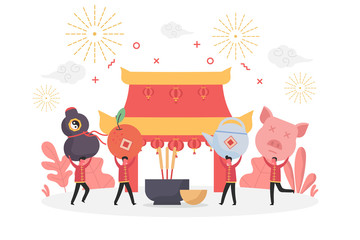 concept of Chinese new year festival with tiny people character holding food come to shrine, flat vector illustration for web, landing page, ui, banner, editorial, mobile app and flyer