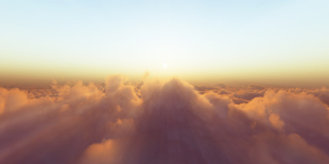 Beautiful aerial view above clouds with sunset. 3d illustration