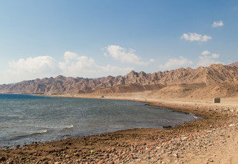 The coastline of the Red Sea and the mountains in the background. Egypt, the Sinai Peninsula.