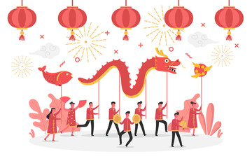 concept of Chinese new year celebration with tiny people character celebrating and playing dragon dance, flat vector illustration for web, landing page, ui, banner, editorial, mobile app and flyer