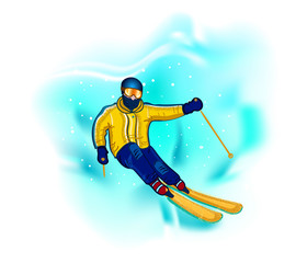 Cartoon skier isolated. Skiing sportsman character in ski suit vector illustration. Wall stickers