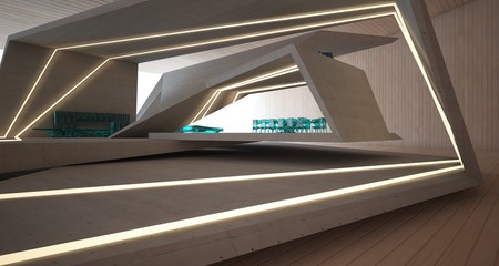 Abstract architectural concrete, wood and glass interior of a minimalist house with swimming pool and neon lighting. 3D illustration and rendering.