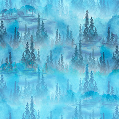 Watercolor art illustration. Drawing of the blue forest, pine tree, spruce, cedar. Dark, dense forest, suburban landscape. Postcard, logo, card. Misty forest, haze.Winter blue background with a forest