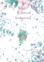 Invitation. Wedding or birthday card. Floral frame. Watercolor background with pink flowers and green leaves. Boho style. Beauty isolated background