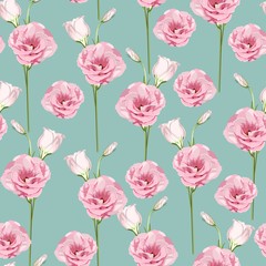 Floral Seamless Pattern with pink eustoma spring flowers and leaves. Spring Blooming Flowers on mint Background.