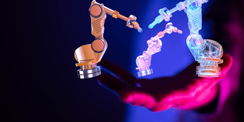 Industry 4.0 concept -  Robot arm in smart factory background.