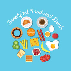 Breakfast concept with fresh food and drinks flat icons set vector illustration