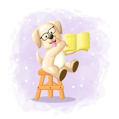Cartoon Cute Dog Reading Book Illustration Vector