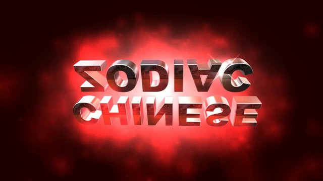 A 3d animation showing revolving words CHINESE ZODIAC and transform disks representing the twelve signs of the zodiac, set on a dark baclground.