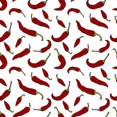 Endless pattern with assorted spicy pepper, hand drawn elements on white background.