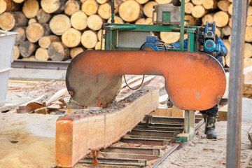 Timber production, Wooden planks on timber yard, warehouse or sawmill