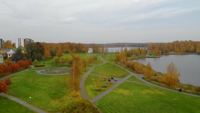 Onkilahdenpuisto at Vaasa Finland captured with drone, autumn colors