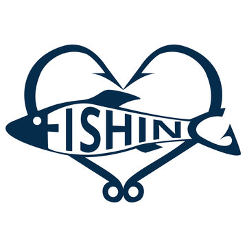 recommend clip art: Fishing logo, emblem isolated on white background. Fish hooks in heart shape. Lettering fishing shaped like a fish. Design element. Vector illustration.