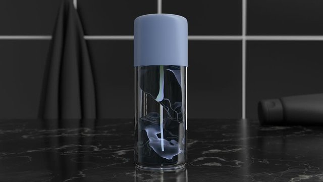 3d design of antiseptic gel or lotion in the bathroom entourage. Cgi of weightless/antigravity transparent cosmetic product inside of the plastic/glass container. Beauty minimal black style trend.