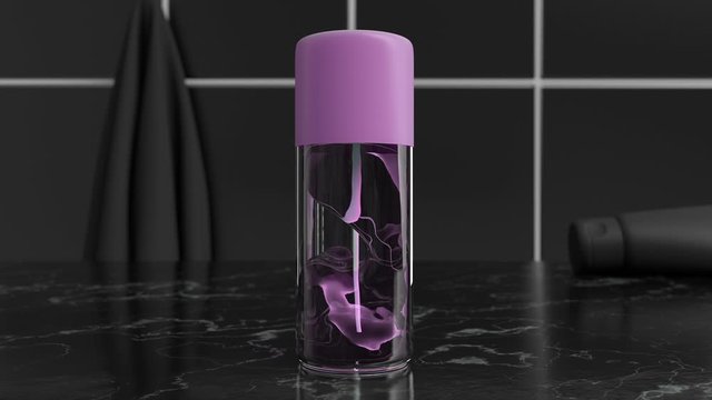 3d design of antiseptic gel or lotion in the bathroom entourage. Cgi of weightless/antigravity transparent cosmetic product inside of the plastic/glass container. Beauty minimal black style trend.