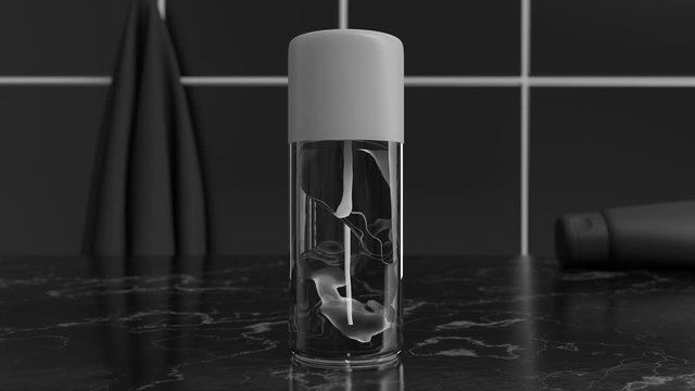 3d design of antiseptic gel or lotion in the bathroom entourage. Cgi of weightless/antigravity transparent cosmetic product inside of the plastic/glass container. Beauty minimal black style trend.